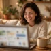 Person smiling while browsing friendly community groups on a laptop at home