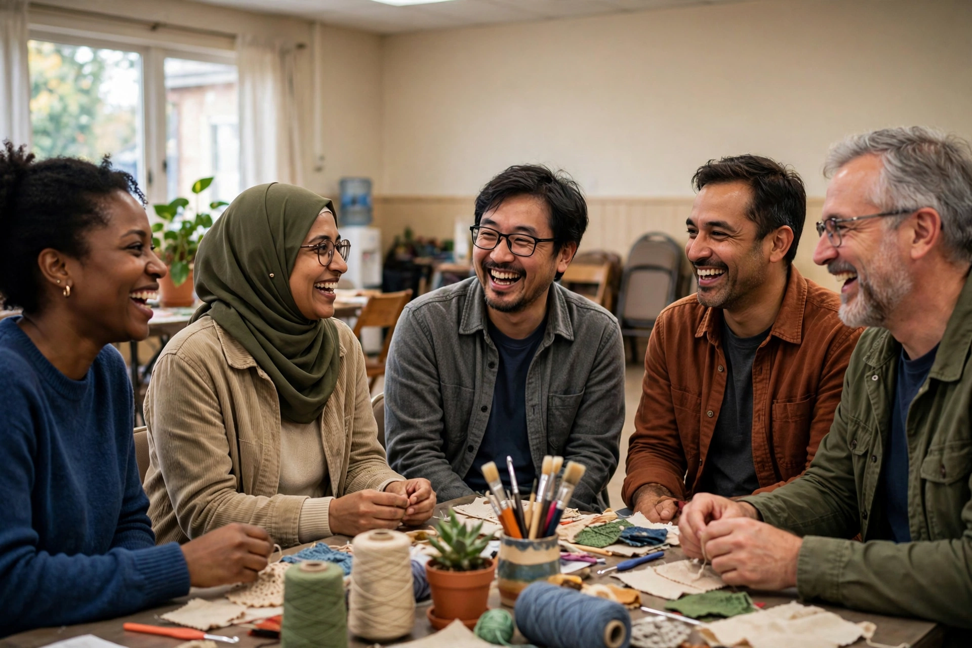 Diverse group of people chatting warmly at a local hobby meetup