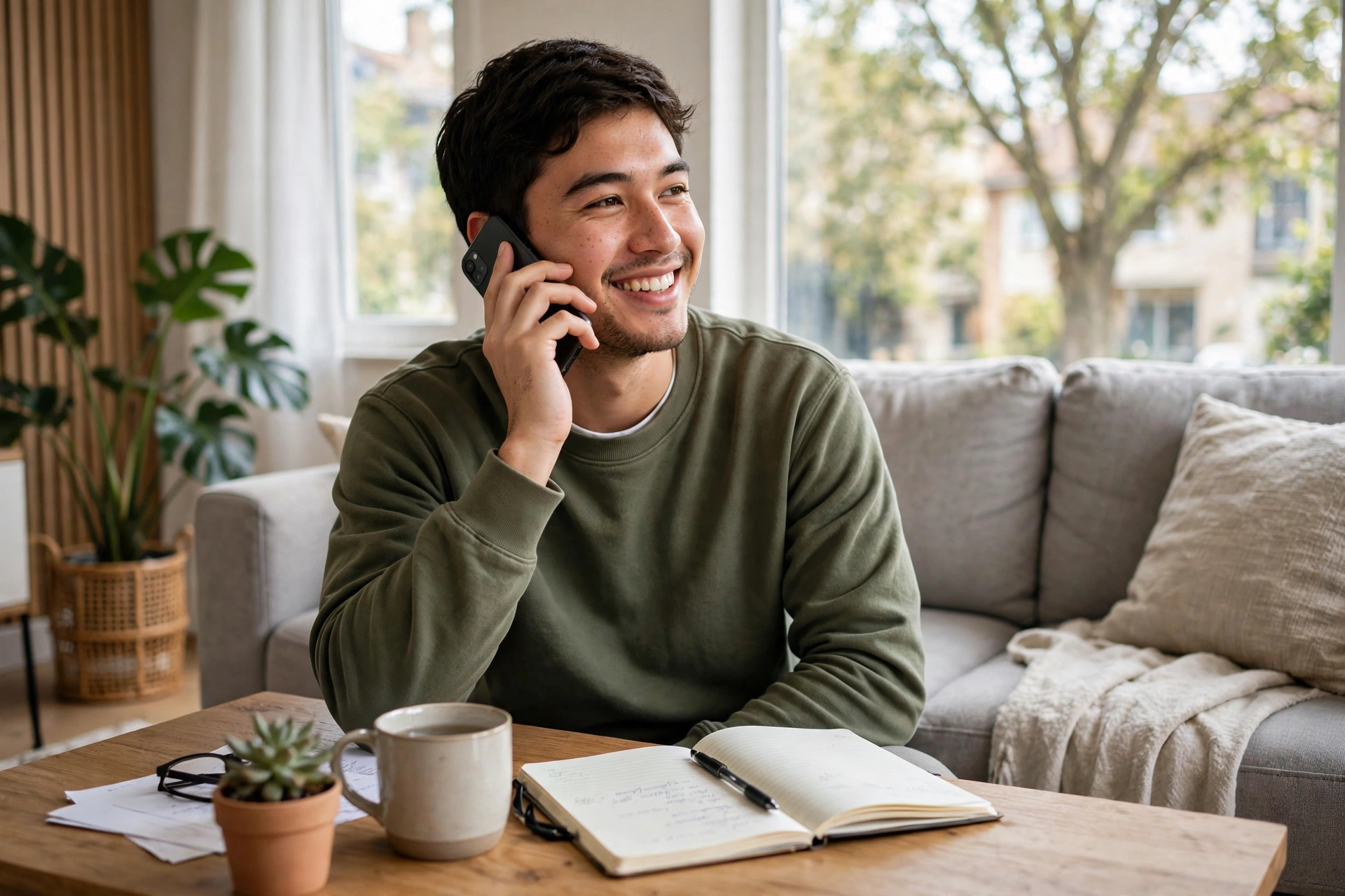 A smiling young man on a sofa making a relaxed phone call, notebook and pen on the coffee table beside him