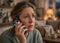 A worried middle-aged woman holding a ringing smartphone to her ear in a cozy living room, soft evening lamplight