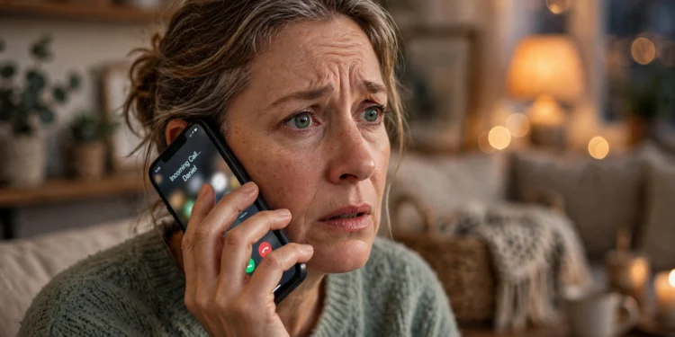 A worried middle-aged woman holding a ringing smartphone to her ear in a cozy living room, soft evening lamplight