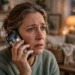 A worried middle-aged woman holding a ringing smartphone to her ear in a cozy living room, soft evening lamplight
