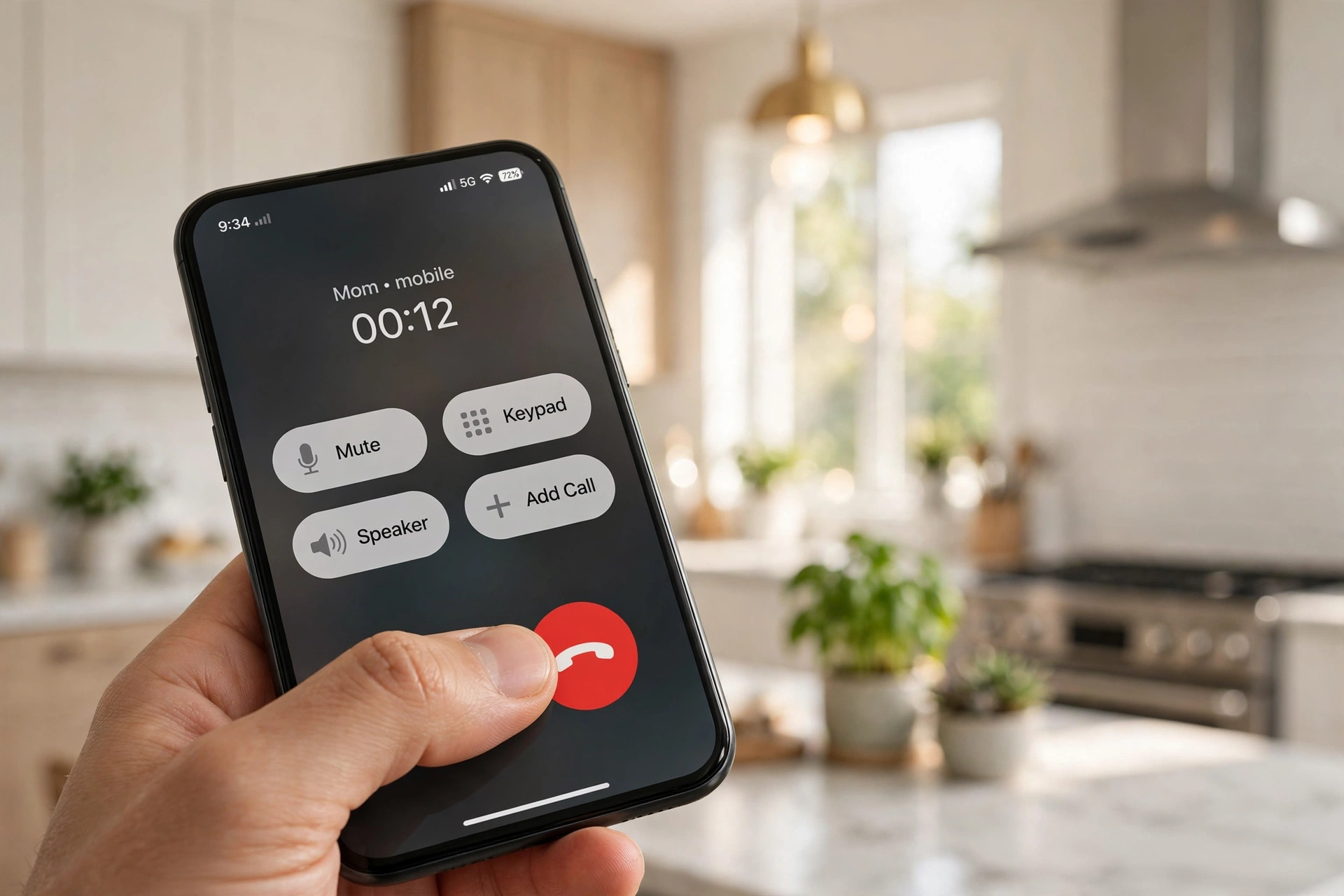 A person's thumb pressing the red end-call button on a smartphone during a call, bright kitchen behind