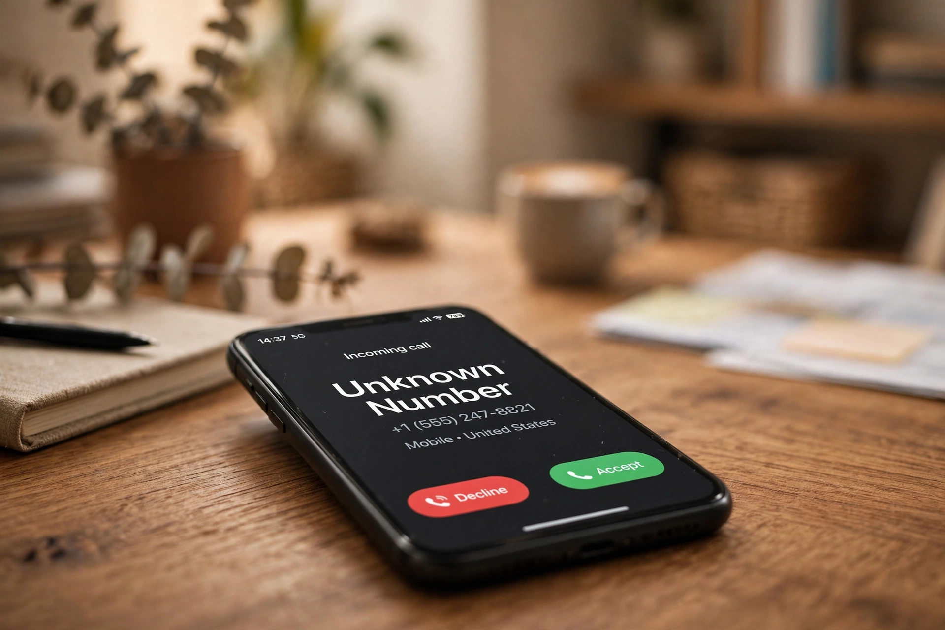 Close-up of a smartphone on a wooden desk showing an incoming call screen from an unknown number