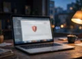 A laptop showing a blurred browser window with a red security warning shield, in a home office at dusk