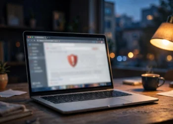 A laptop showing a blurred browser window with a red security warning shield, in a home office at dusk