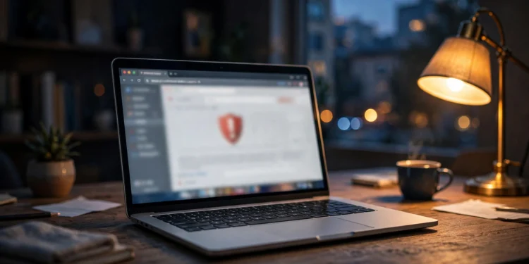 A laptop showing a blurred browser window with a red security warning shield, in a home office at dusk