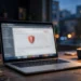 A laptop showing a blurred browser window with a red security warning shield, in a home office at dusk