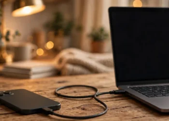 A smartphone connected to a laptop with a USB cable on a wooden desk in a warm home office