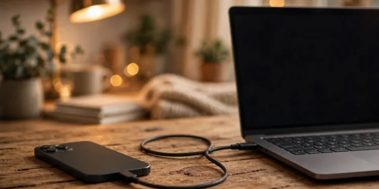 A smartphone connected to a laptop with a USB cable on a wooden desk in a warm home office
