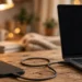 A smartphone connected to a laptop with a USB cable on a wooden desk in a warm home office