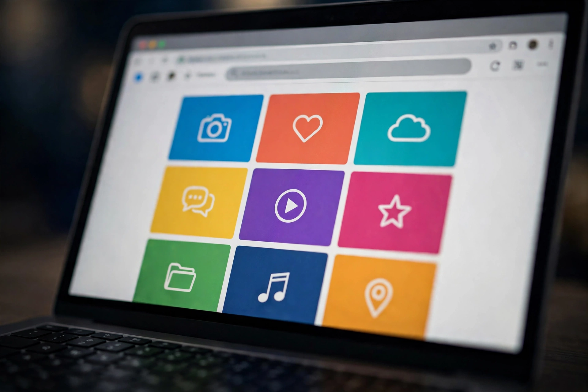 Close-up of a laptop screen with a clean browser window and colorful website thumbnails