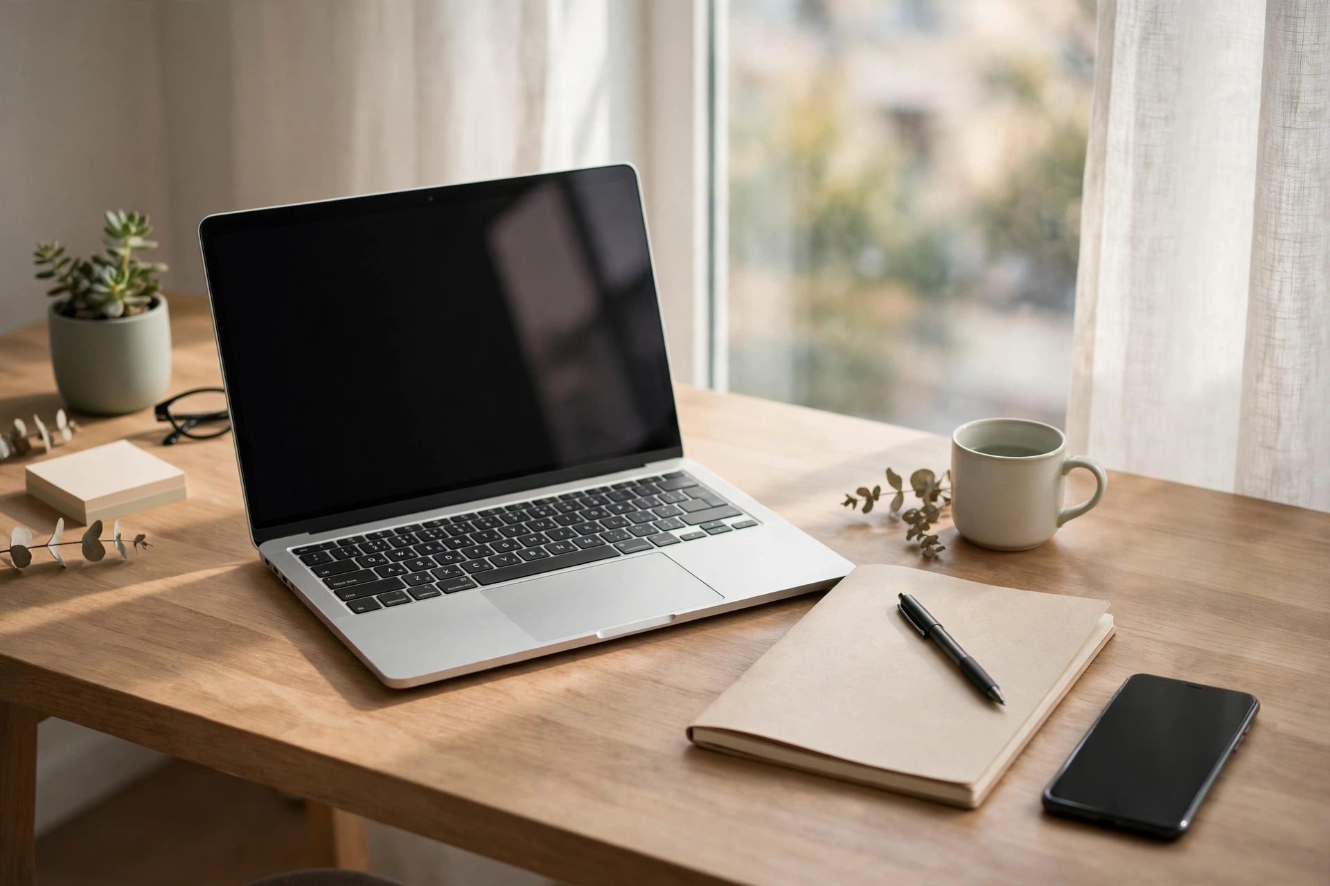 Neat desk setup with a laptop, notebook and smartphone showing a tidy browser workspace