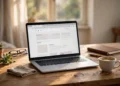 Laptop on a wooden desk showing a web browser window with an orange fox logo icon, morning light