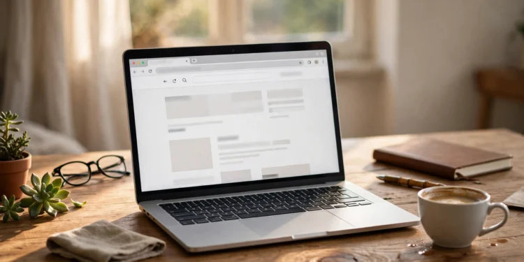 Laptop on a wooden desk showing a web browser window with an orange fox logo icon, morning light