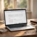 Laptop on a wooden desk showing a web browser window with an orange fox logo icon, morning light