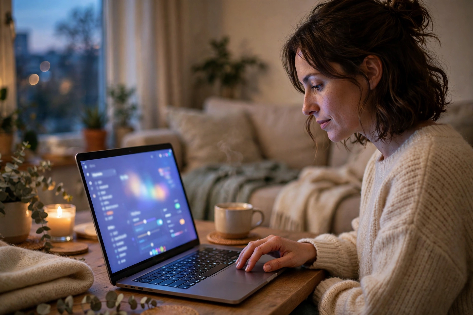 Person adjusting privacy settings on a laptop at home in soft evening light