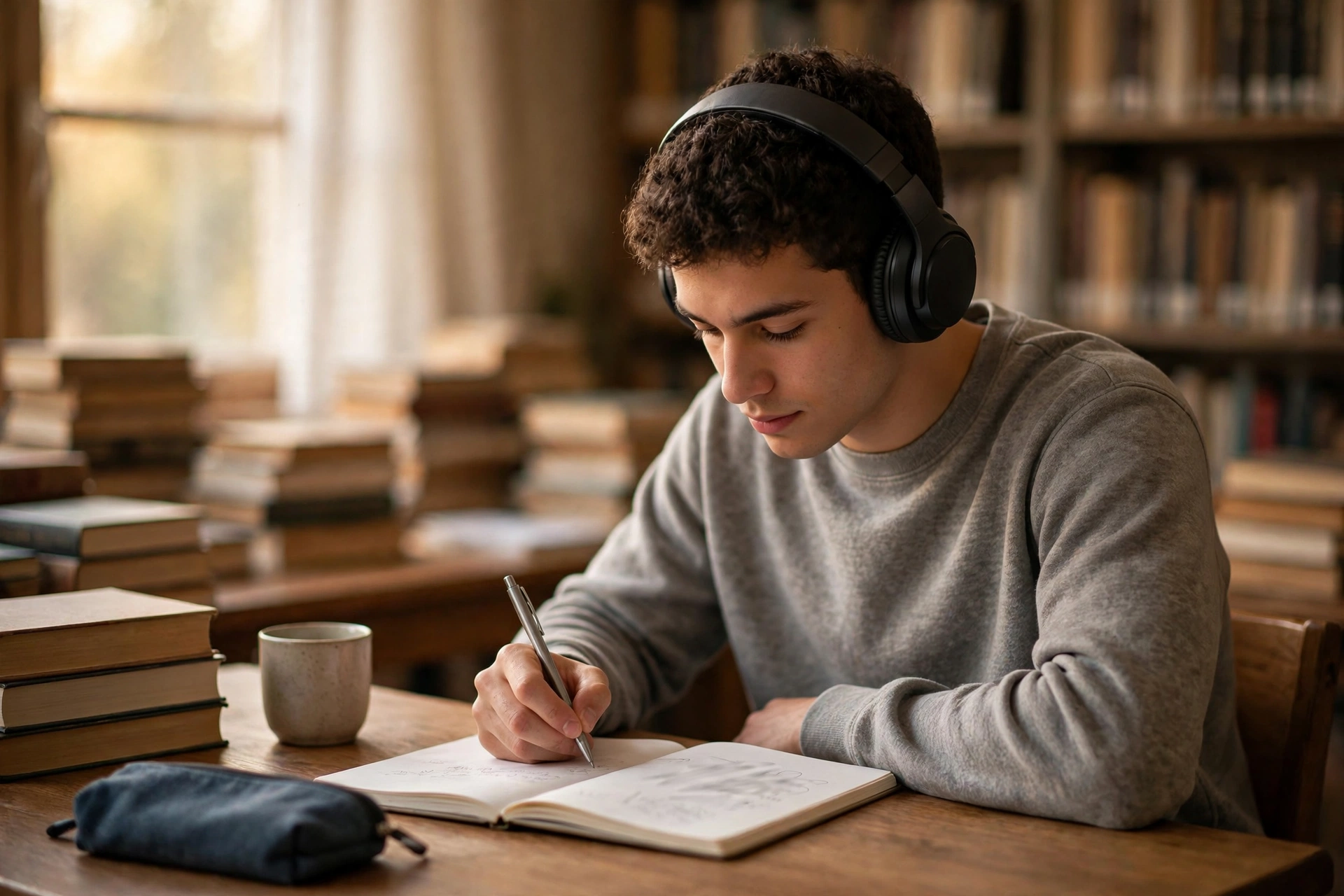 Student wearing headphones writing notes by hand in a library