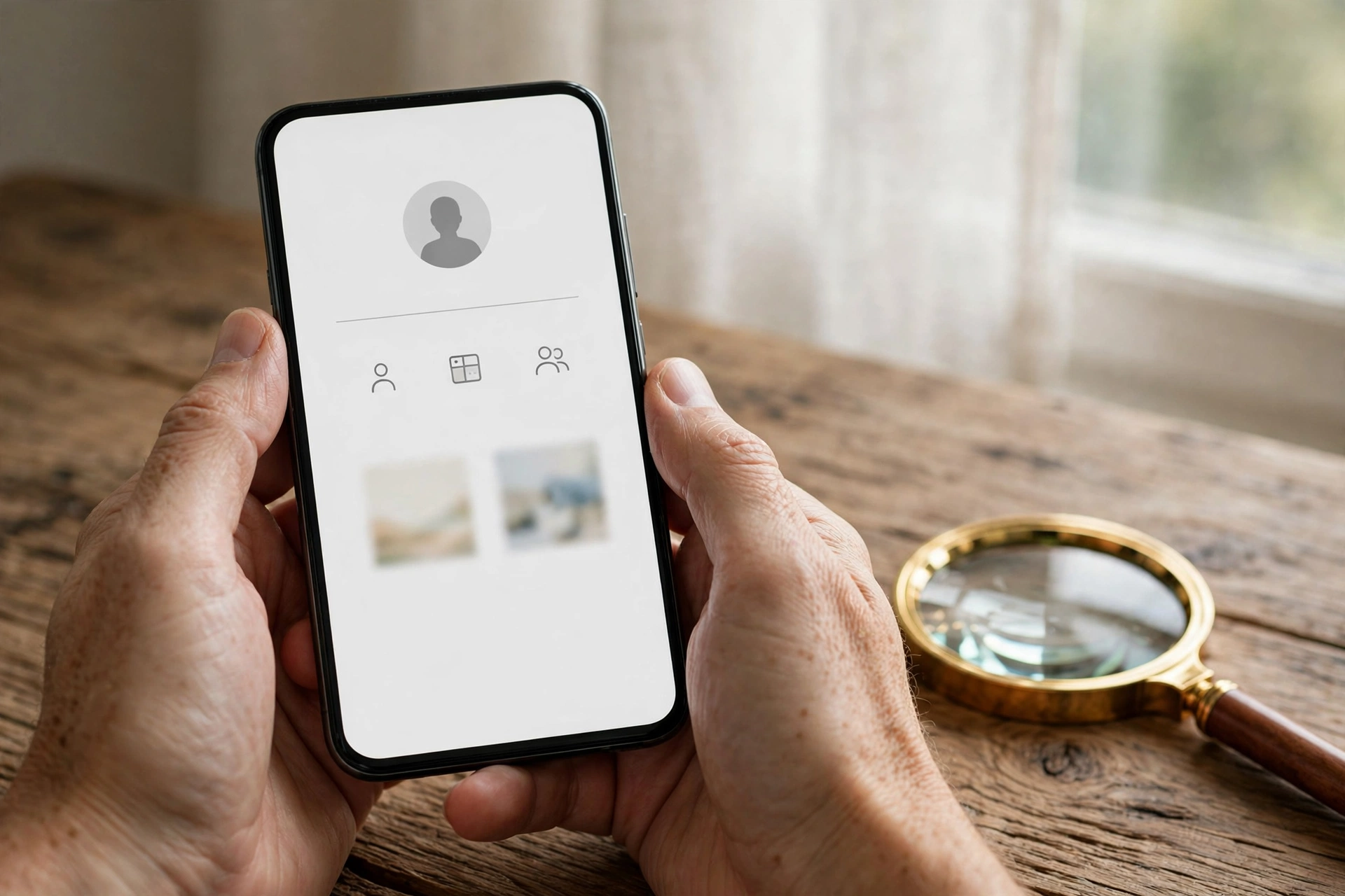 Hands checking a sparse social media profile on a phone, with a magnifying glass on the table beside it