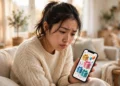 A woman looking skeptically at a flashy prize giveaway post on her smartphone in a bright living room