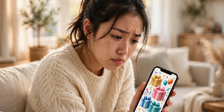 A woman looking skeptically at a flashy prize giveaway post on her smartphone in a bright living room