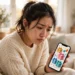 A woman looking skeptically at a flashy prize giveaway post on her smartphone in a bright living room