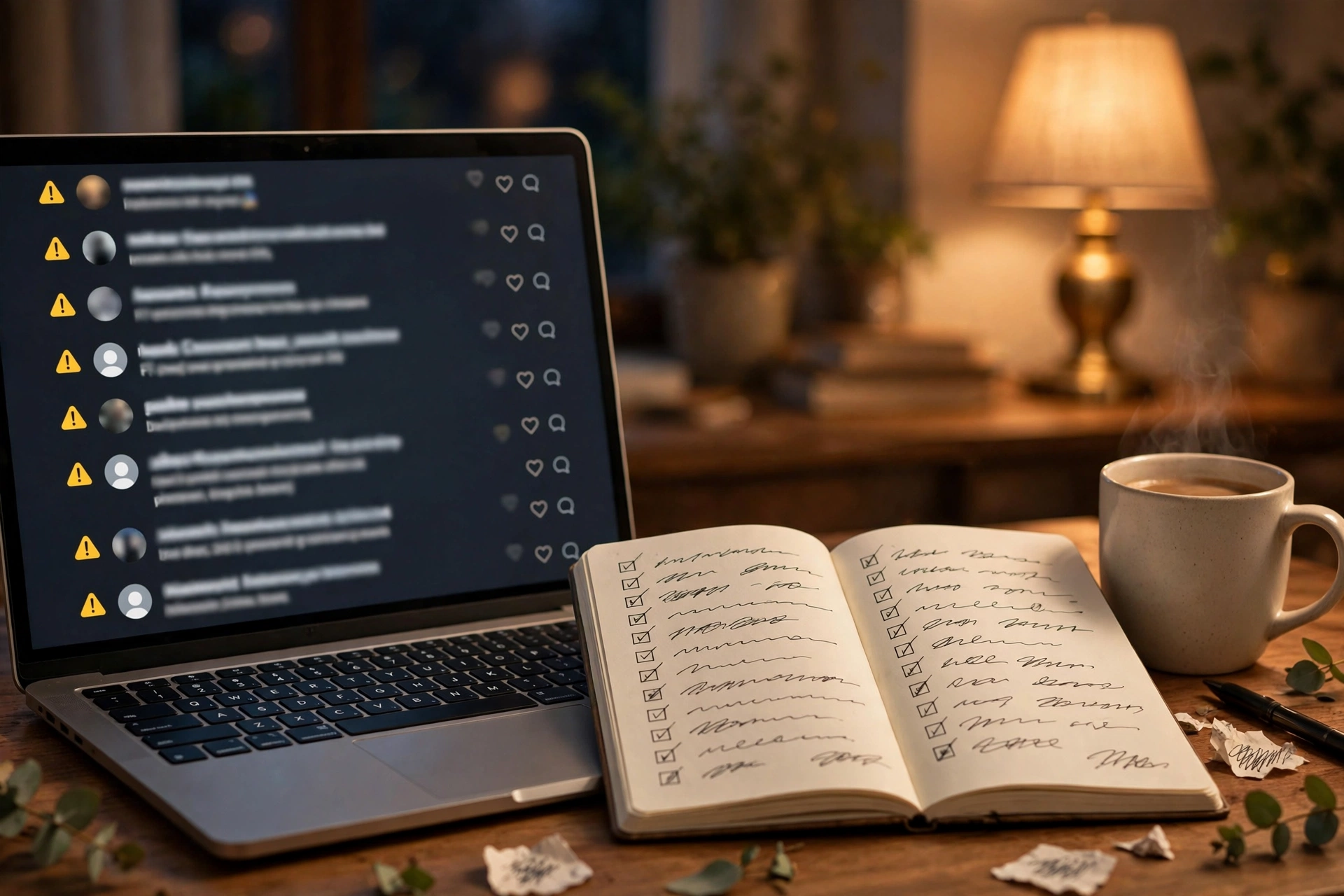 A laptop showing giveaway comments with warning icons beside an open notebook of handwritten notes