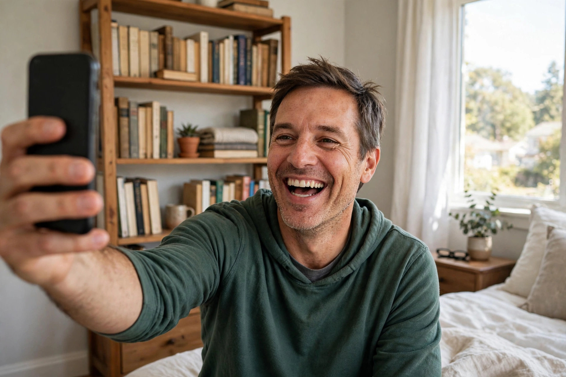Cheerful man laughing while filming himself for his first live video in a bright bedroom