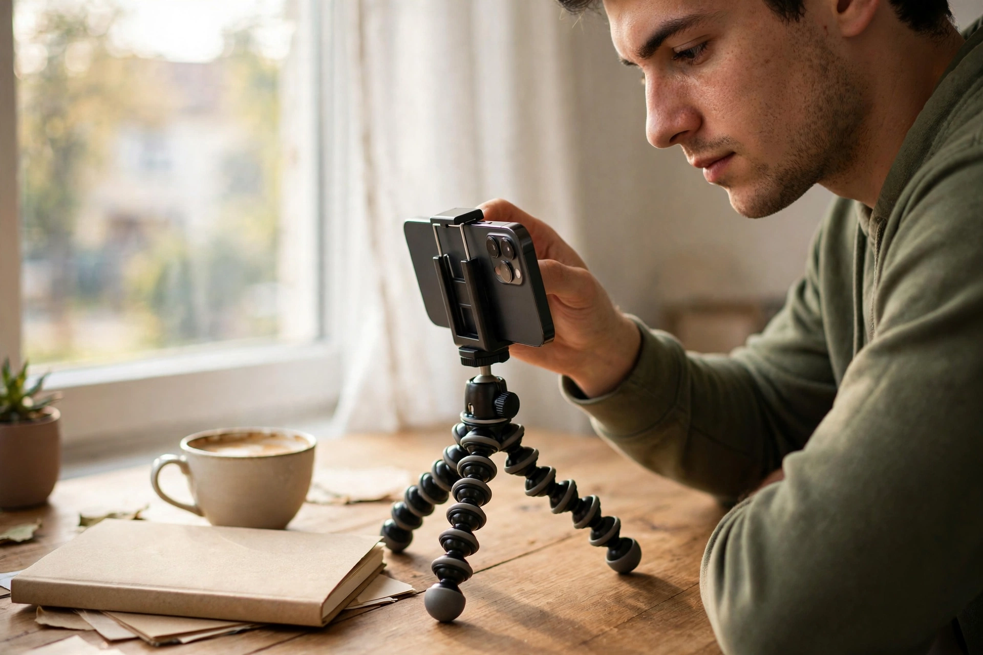 Smartphone on a small tripod set up for a live stream on a desk near a window