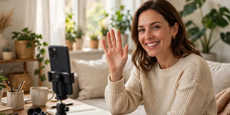 Smiling woman waving at her phone camera while starting a live stream in a cozy living room