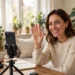 Smiling woman waving at her phone camera while starting a live stream in a cozy living room