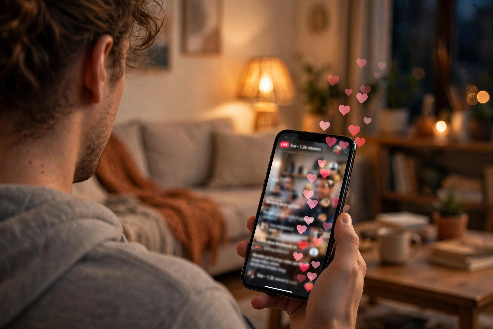 Person holding a phone showing live stream comments and hearts during a broadcast