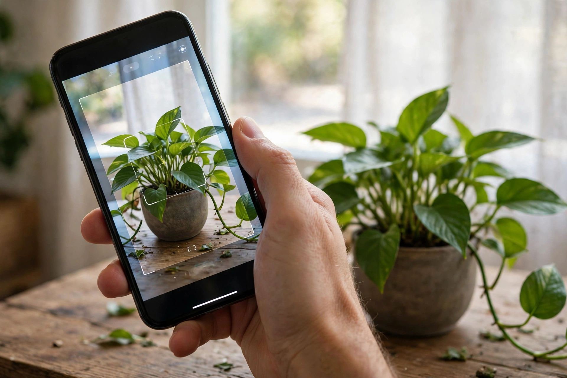A hand holding a smartphone with the camera aimed at a leafy green houseplant on a wooden table