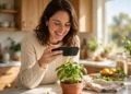 A smiling woman in a bright kitchen holding her smartphone up to scan a potted basil plant