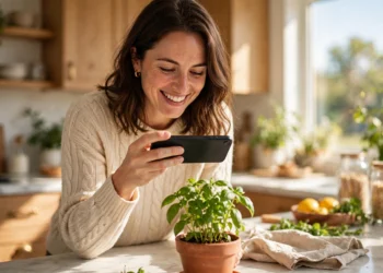 A smiling woman in a bright kitchen holding her smartphone up to scan a potted basil plant