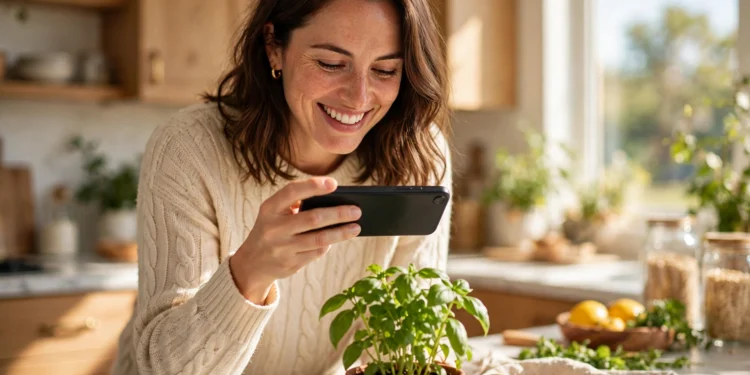 A smiling woman in a bright kitchen holding her smartphone up to scan a potted basil plant