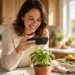 A smiling woman in a bright kitchen holding her smartphone up to scan a potted basil plant