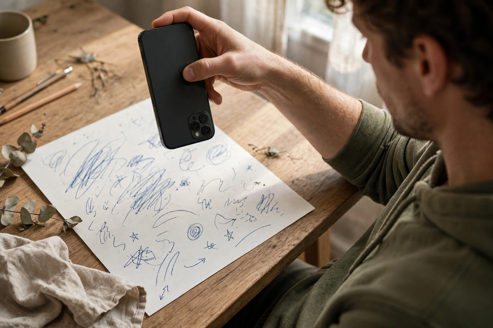 A person holding a phone over a handwritten note on paper at a sunlit desk
