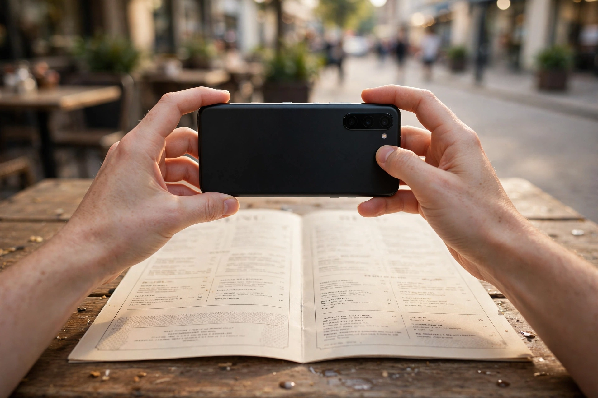 A tourist's hands holding a smartphone over an open restaurant menu at an outdoor cafe table