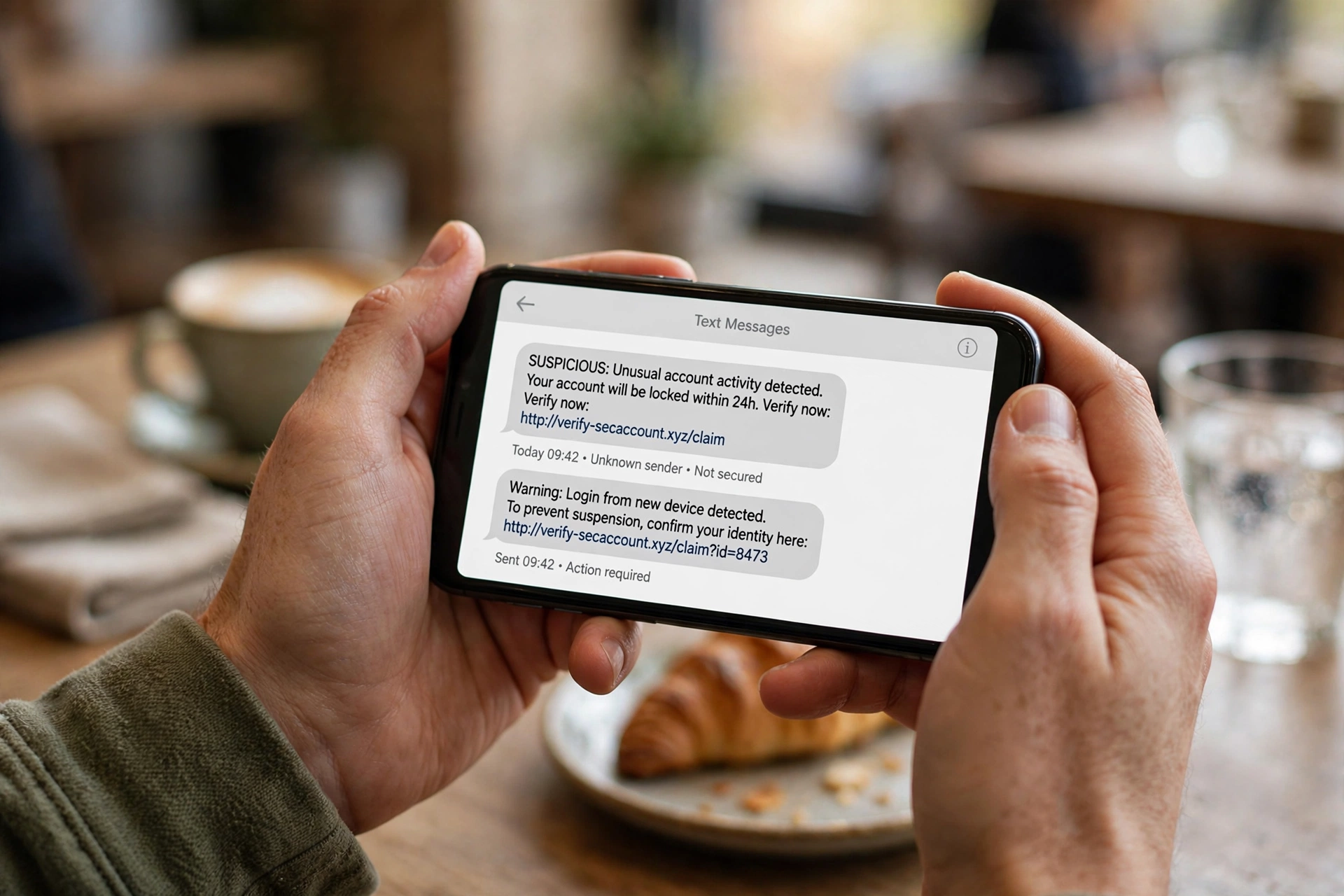 Hands holding a smartphone showing a suspicious phishing-style message on a generic screen