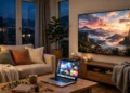 Laptop casting video wirelessly to a large living room TV