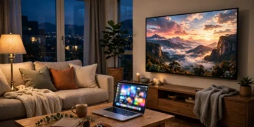 Laptop casting video wirelessly to a large living room TV