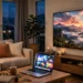 Laptop casting video wirelessly to a large living room TV