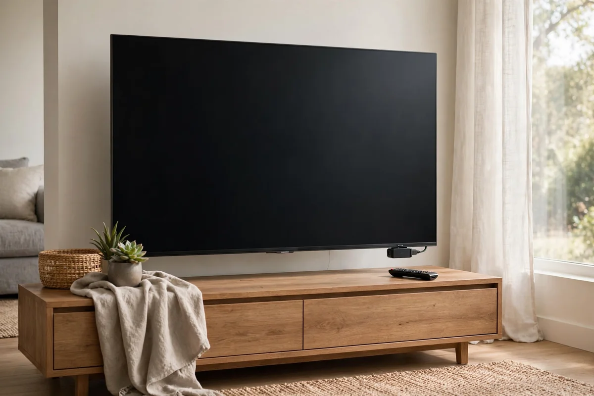 Living room TV and streaming stick set up for wireless casting