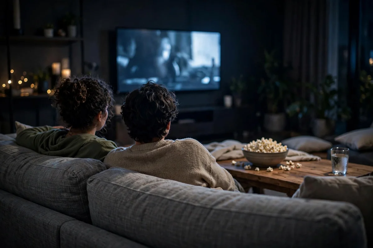 Friends relaxing on a sofa watching a film streamed wirelessly to the TV