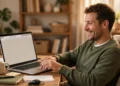 A smiling man at a tidy home desk closing old browser tabs on his laptop, feeling relieved after cleaning up his online accounts