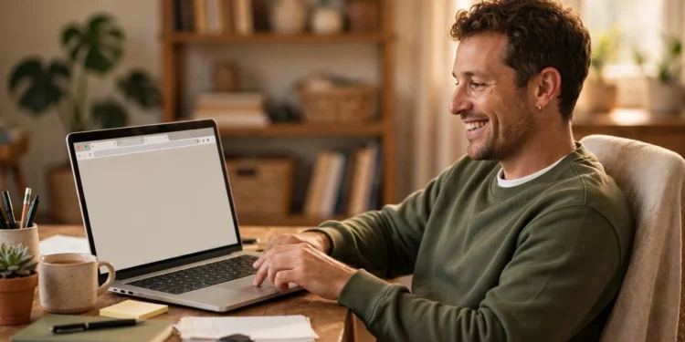 A smiling man at a tidy home desk closing old browser tabs on his laptop, feeling relieved after cleaning up his online accounts