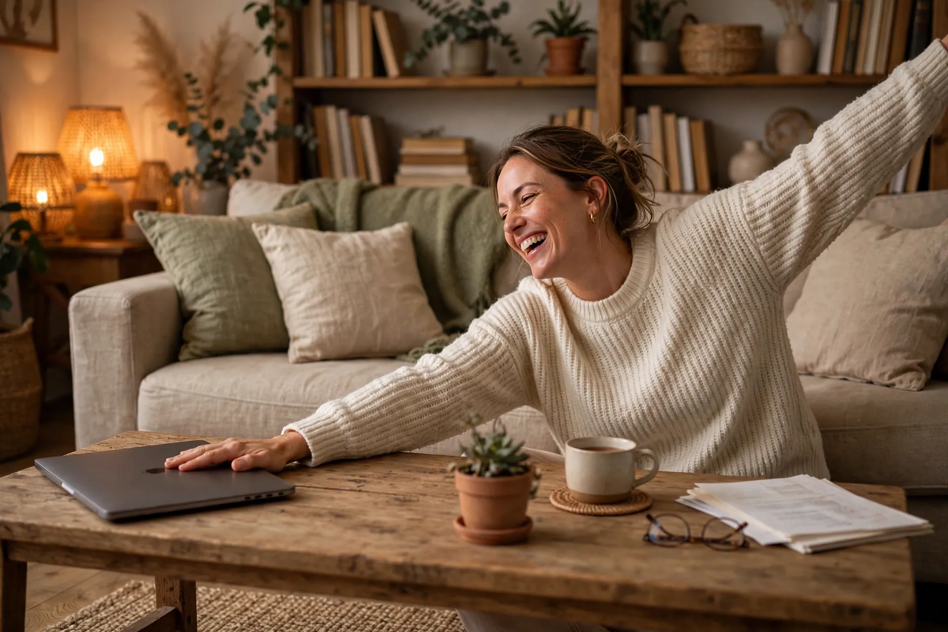 A laughing woman in a warm living room pushing a closed laptop aside on a coffee table, relaxed after finishing her account cleanup