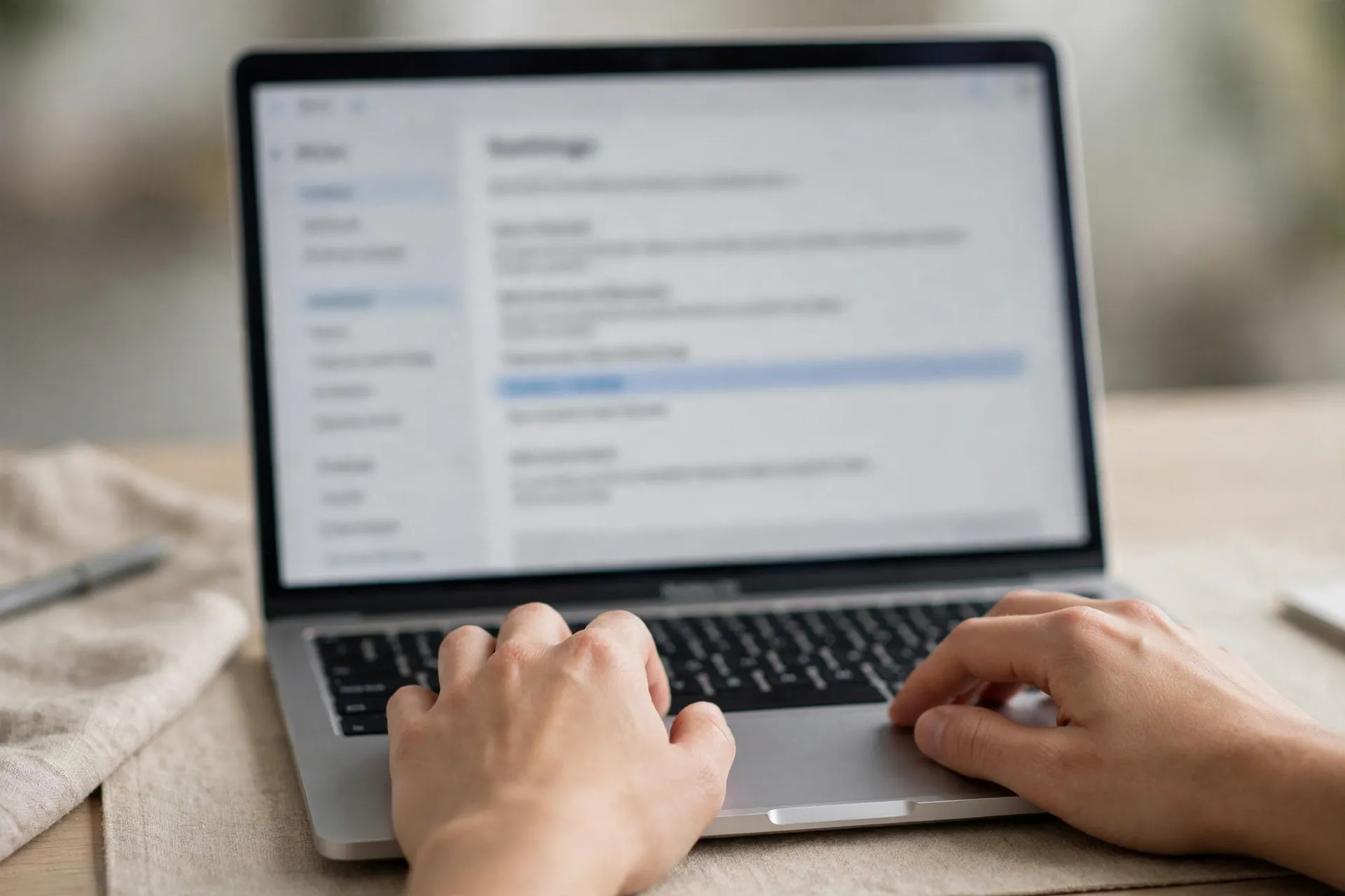 Hands on a laptop keyboard in front of a generic account settings page with a blurred delete option area