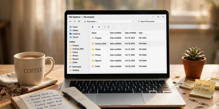 A tidy home office desk with an open laptop showing a neatly organized file explorer with labeled folders, coffee mug and notebook beside it